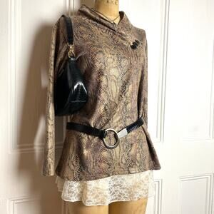 Ethyl blouse snakeskin pattern partial button placket mock neckline size S